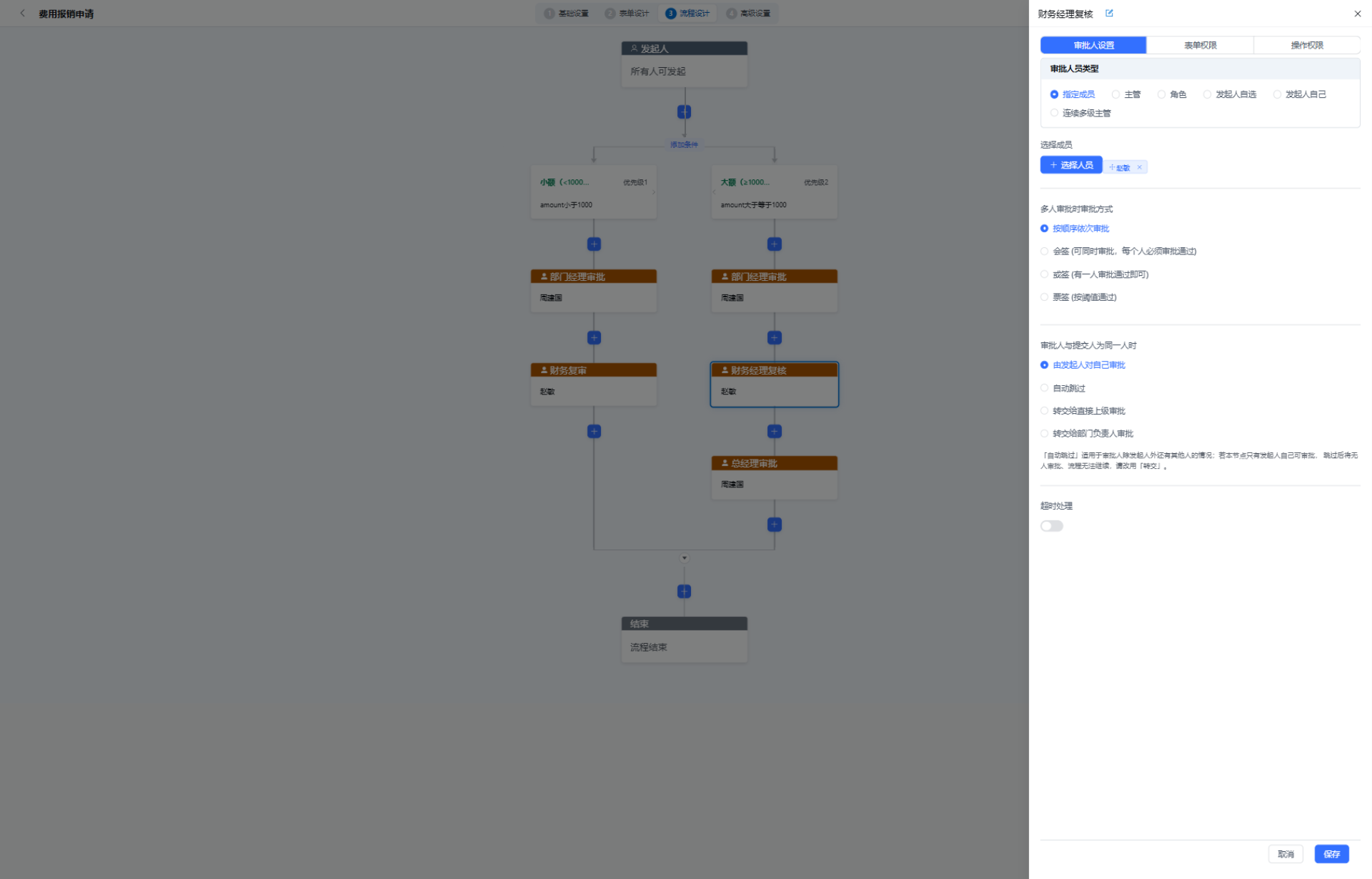 GFlow process designer — expense approval flow with the approver drawer open