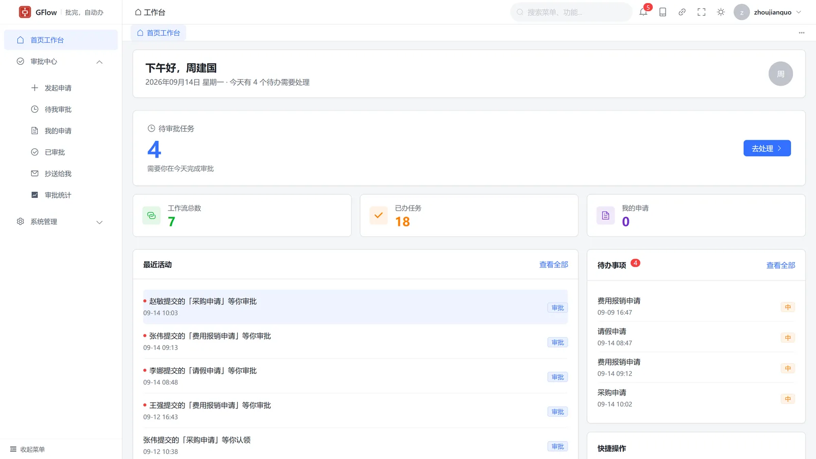 工作台 — 今日待办、最近活动、快捷操作，一屏掌握